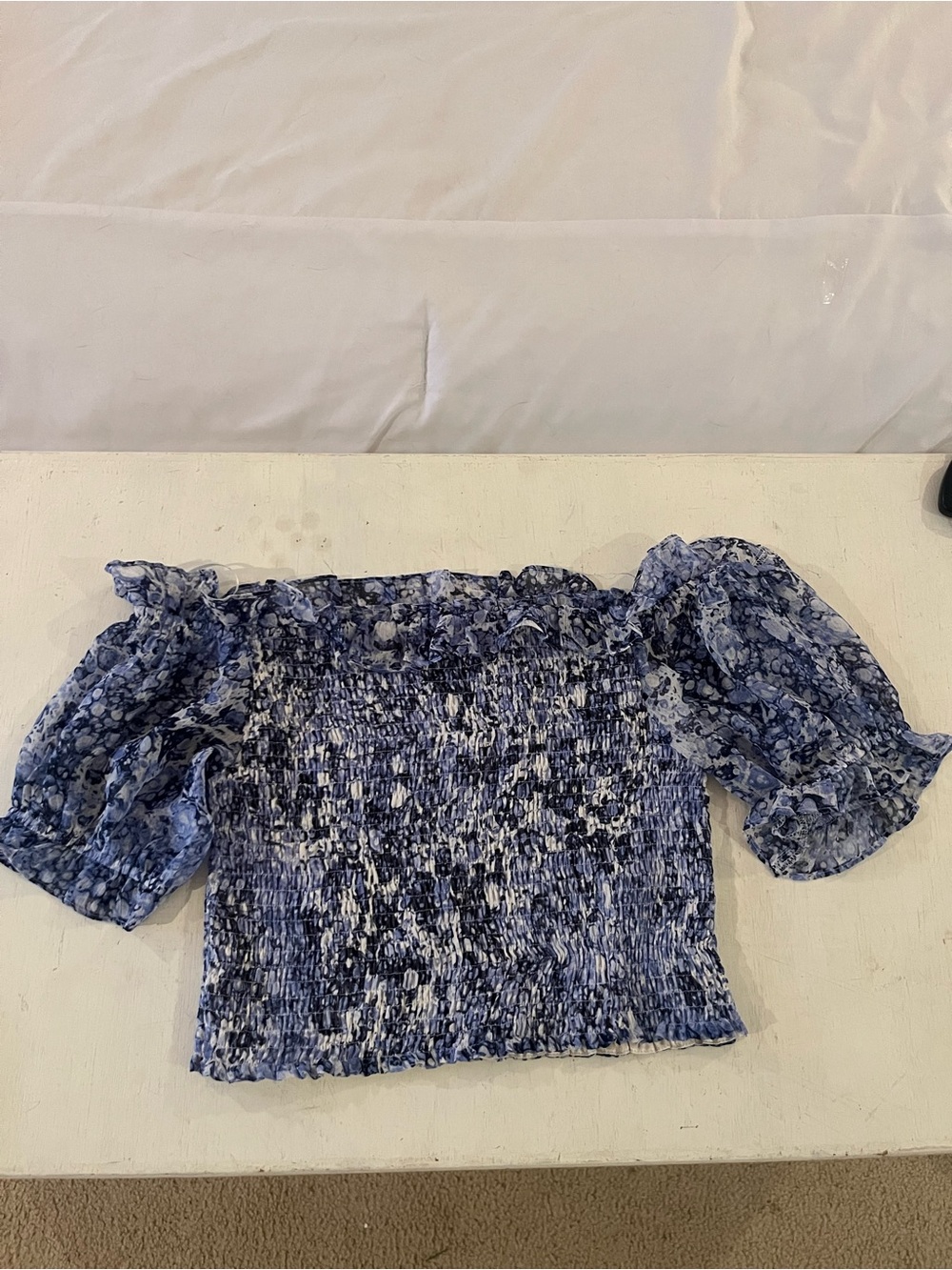 Smocked Off-Shoulder Floral Top in Blue